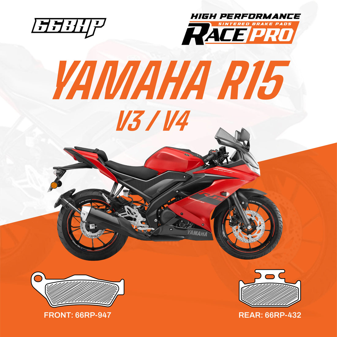 66BHP Yamaha R15 V3 /V4 Race Pro Sintered Brake Pad upto 2024