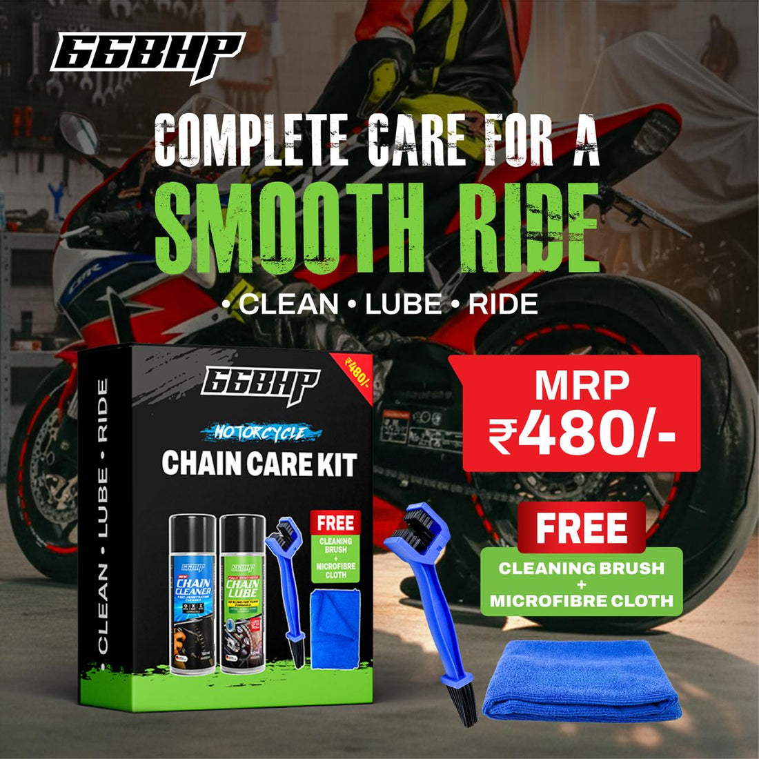 66BHP Motorcycle Chain Care Kit – Chain Cleaner, Chain Lube Spray, Cleaning Brush & Microfiber