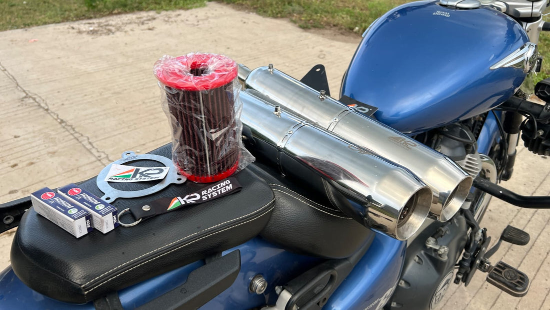 KP Racing System BASSMASTER Stage 2 Combo for Royal Enfield Super Meteor 650 | SS304 Performance Exhaust Kit | Dyno Tested with Air Filter, Stage Plate & Iridium Spark Plugs