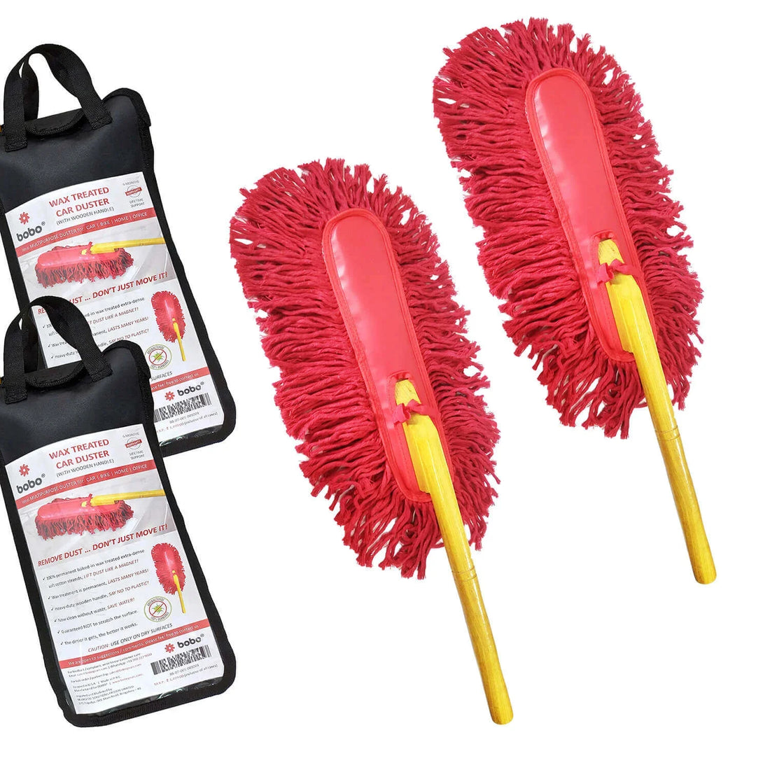 BOBO Car Duster – Premium Wax Treated Strands With Durable Solid Wood Handle – Includes Storage Cover