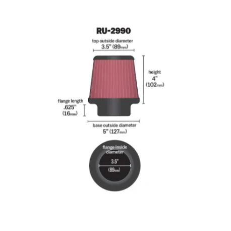 K&N RU-2990 High-Flow Universal Air Filter – Tapered Performance Cotton Gauze Intake Filter (89mm / 3.5”)