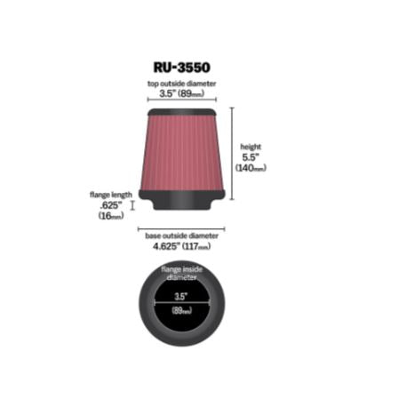K&N RU-3550 High-Flow Original Universal Air Filter – 3.5" Flange Reusable Washable Performance Engine Intake Filter – Up to 99% Filtration