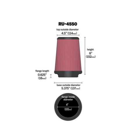 K&N RU-4550 High-Flow Original Universal Air Filter – 4 Inch Flange Reusable Washable Performance Engine Intake Filter – Up to 99% Filtration
