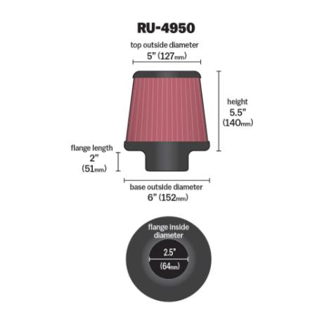 K&N RU-4950 High-Flow Original Universal Air Filter – 2.5 Inch Flange Reusable Washable Performance Engine Intake Filter – Up to 99% Filtration
