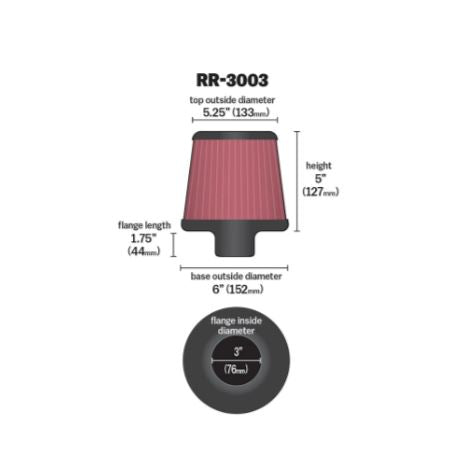 K&N RR-3003 High-Flow Universal Air Filter with Polished Aluminum Top – 3 Inch Clamp-On Reusable Washable Performance Engine Intake Filter – Up to 99% Filtration