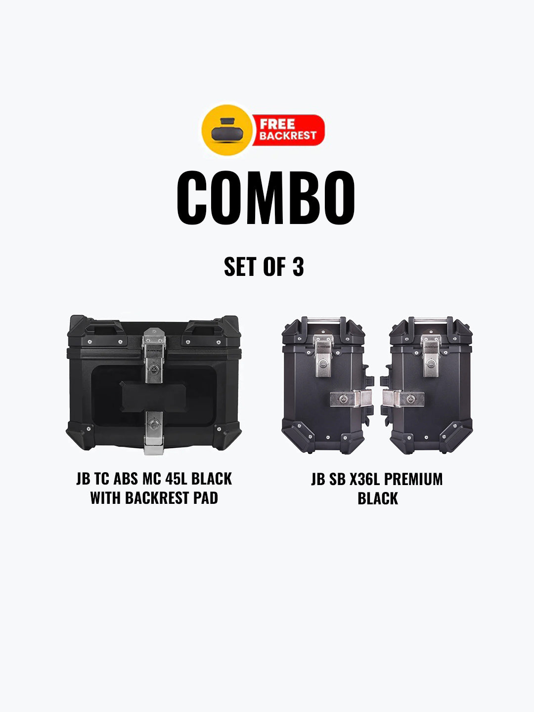 Set Of 3 Combo Of Jb Tc Abs Mc 45L Black With Backrest Pad + Jb Sb X36L Premium Black