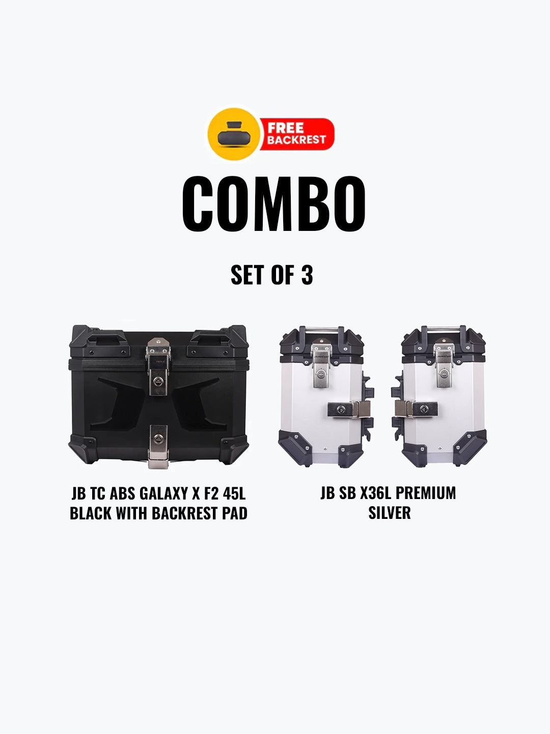 Set Of 3 Combo Of Jb Tc Abs Galaxy X F2 45L Black With Backrest Pad + Jb Sb X36L Premium Silver