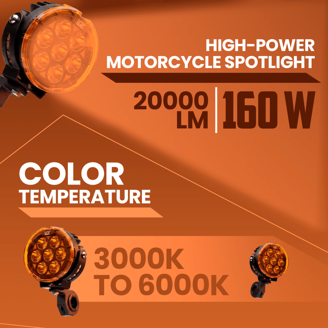 LGP DK80 Pro High Power LED Spotlight for Bike (Pair) | 160W 20000LM | IP67 Waterproof Auxiliary Fog Light, Universal Motorcycle Fit