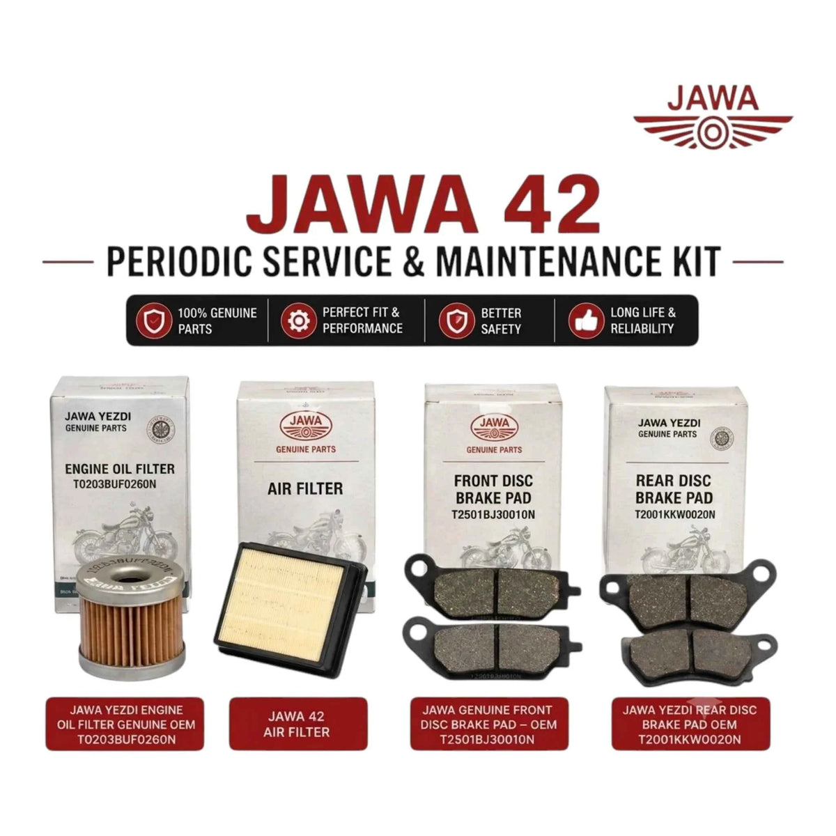 Jawa 42 Maintenance Kit - Oil Filter, Air Filter and Front / Rear Brake Pads
