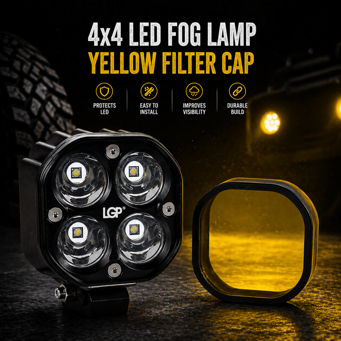 Yellow Filter Cap for 4x4 LED FOG Lights (Pack of 2) | Anti-Fog High Visibility Lens Cover for Bike & Car | Durable Snap-Fit Protector